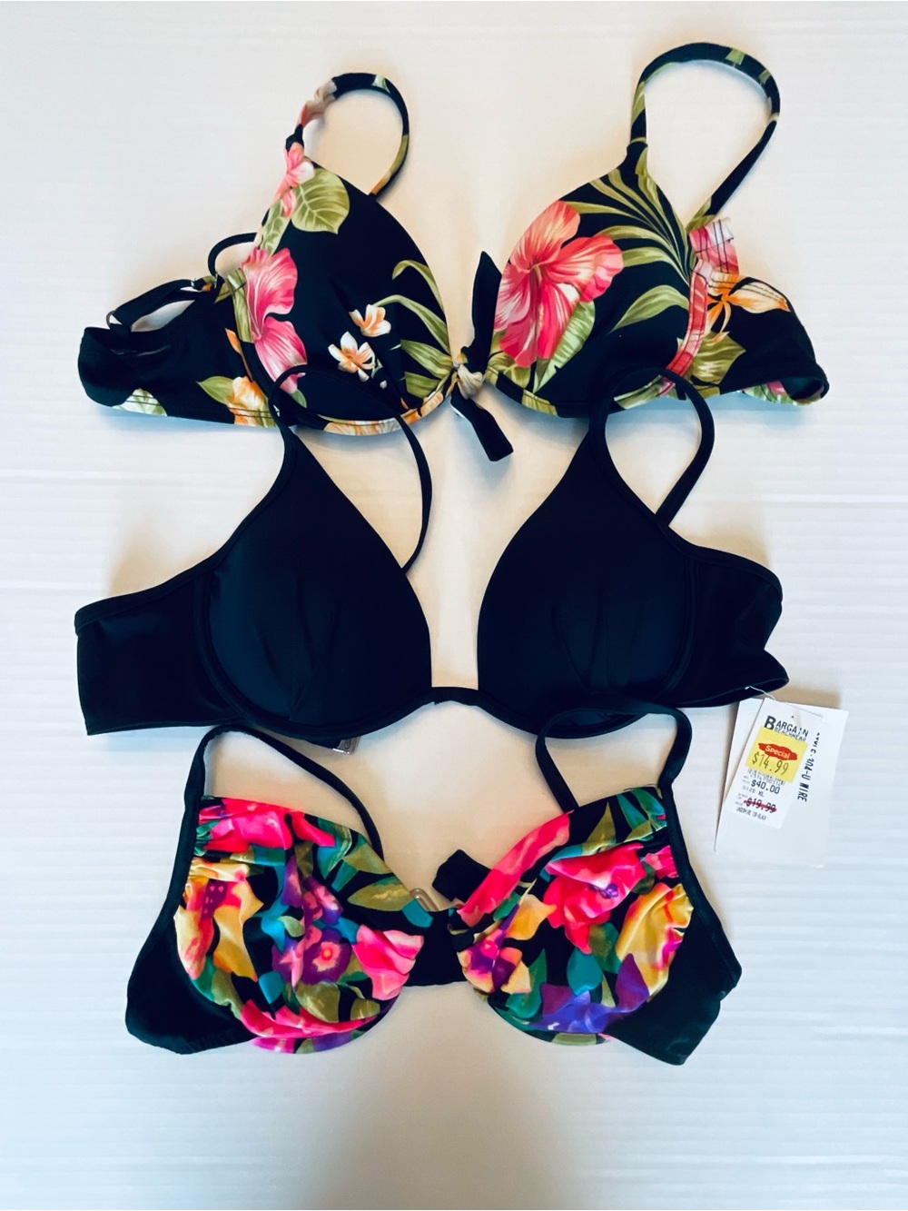 Set of 3 Women's Bikini Tops - Black & Tropical Floral Mix 10-12